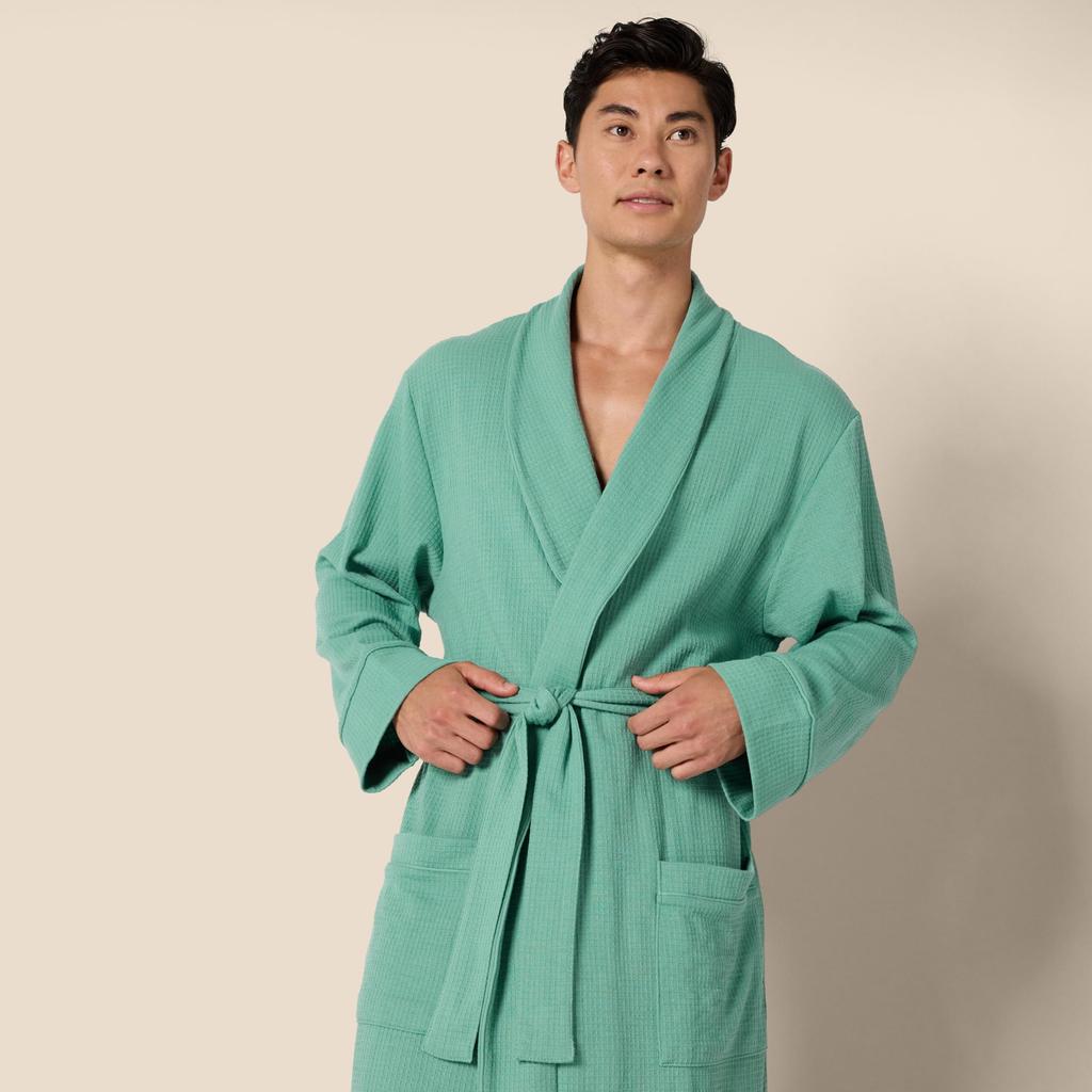 Amazon Essentials Men's Lightweight Waffle Fabric Bathrobe, Teal Blue, Sizes S-M