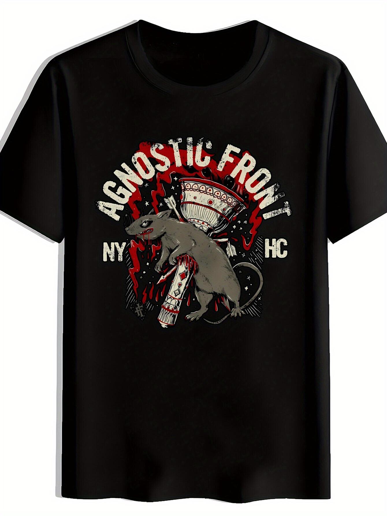 

Black Agnostic Front Graphic T-shirt - Retro Rock Band Design with Skull & Microphone XL