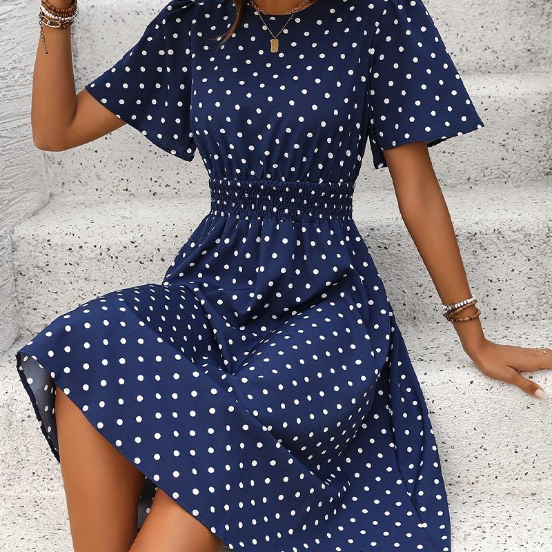 Damen Frühling und Sommer Neue Elegante Polka Dot Kurzarm Kleid Bereich Taille Schlank Kleine Schaukel A-linie Kleid Frauen