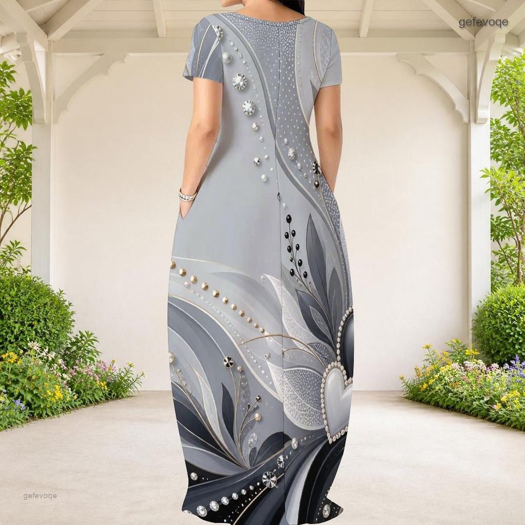 Women Plus Size Round Neck Short Sleeve Heart Gem Printed Green Loose Long Dress With Side Pockets