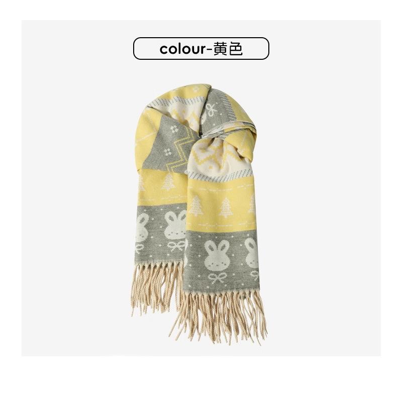 Three-color rabbit scarf, Korean retro fringed female autumn and winter student versatile warm atmosphere scarf