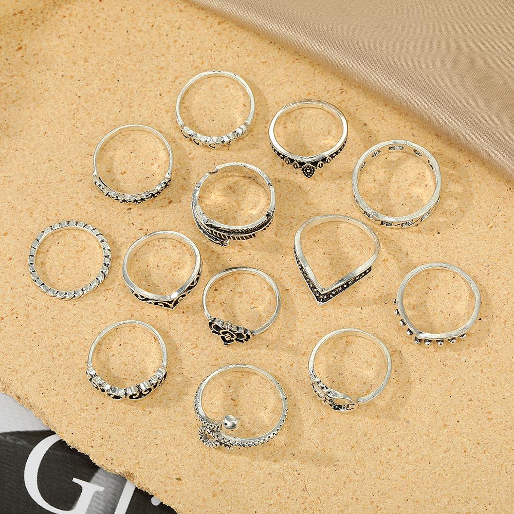 14PC Bague Creusée à la Main Sculpture Plume Bijoux Ouverture Ajustable Ensemble de Bagues
