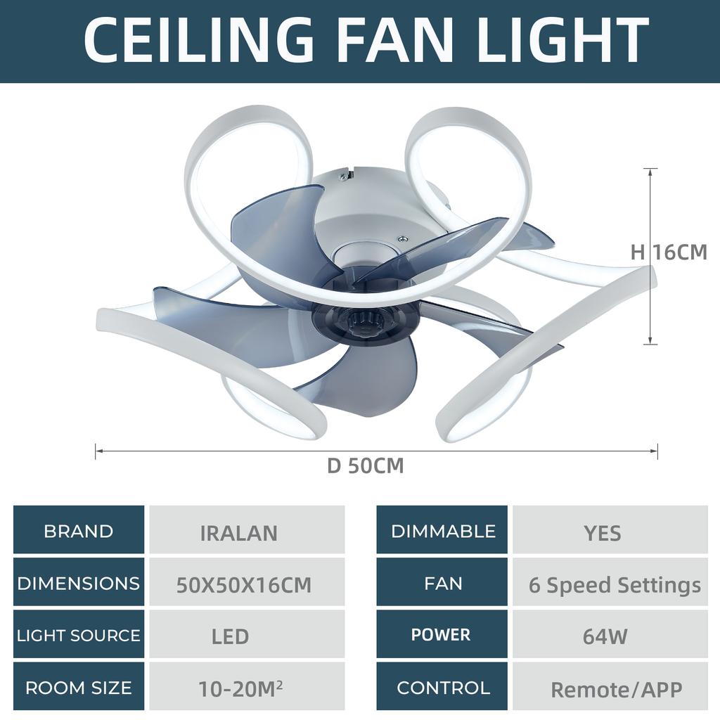 IRALAN Modern Ceiling Fan with Light Home and Decoration Smart Remote Control 50CM LED Large Home Fan