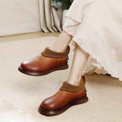 Mocassins rétro en cuir véritable pour femmes, chaussures plates à bout rond, semelle souple, couleur unie, chaussures à enfiler