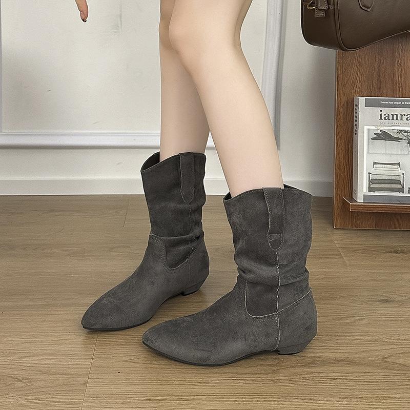 

Заостренные замшевые ботильоны на платформе, увеличивающие рост, модные универсальные тонкие ботинки на плоской подошве, женские плиссированные рыцарские ботинки 40 серый