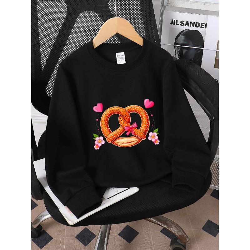 Kids Unisex Crewneck Sweatshirt, Cartoon Pretzel With Pink Bow Hearts And Cherry Blossom Print Soft Fleece Pullover For Kids Over 4 Years Old 110 чёрный