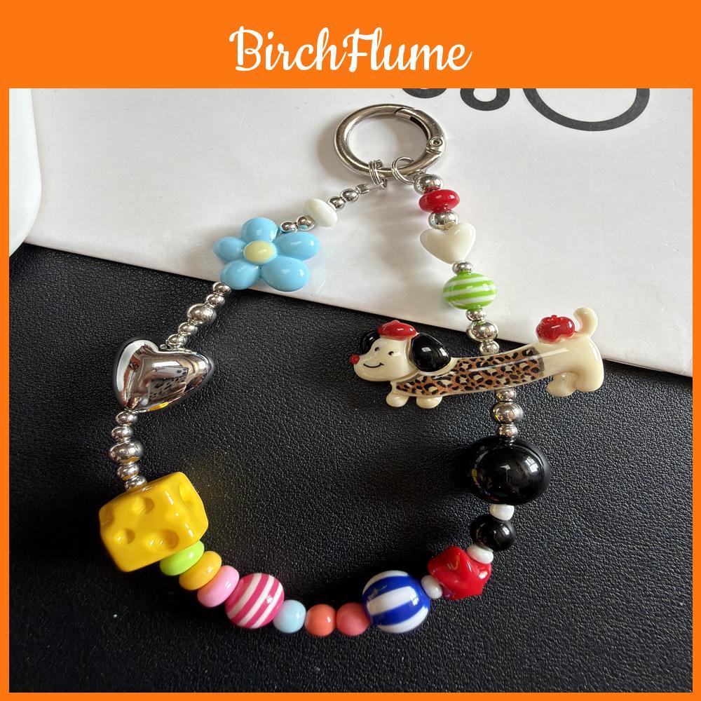 Small Novelty Red Striped Dog Phone Lanyard With Colorful Beads And Flower Design For Kids And Adults