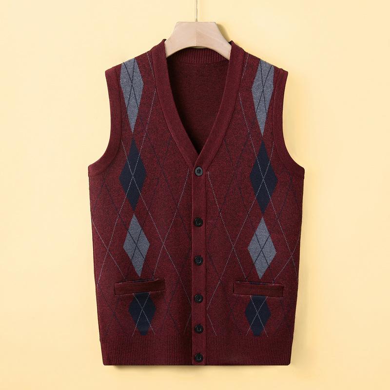 Herfst Gebreid Vest Heren Nieuwe Mouwloze Trui Middelbare Leeftijd Kleurblok Casual Papa Echt Zak Vest XL black