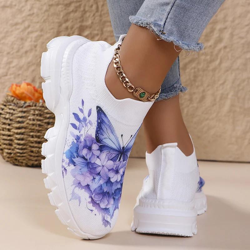 Fashion Fashion Butterfly Print Knit Sneakers for Women Breathable Mesh Platform Sneakers Shoes Woman Plus Size Thick Sole Walking Shoes