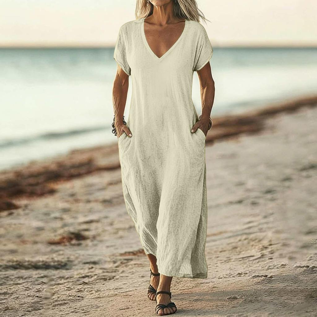 Women V Neck Short Sleeve Loose Fit Maxi Dress with Pockets Casual Summer Lightweight Long Dress for Daily Wear