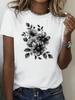 European Size Women'S White Short Sleeve T-Shirt - Black & White Floral Print with Intricate Leaf & Blossom Design
