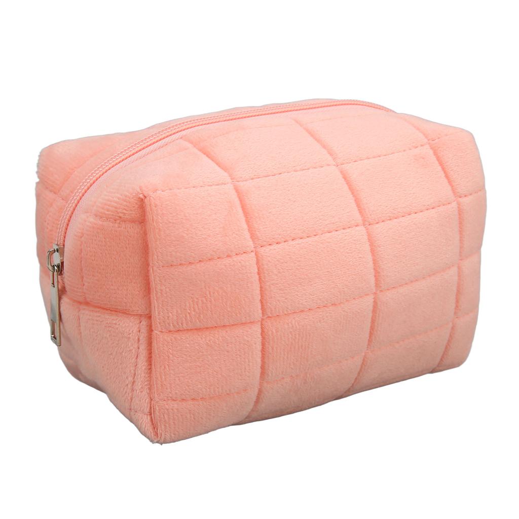 Women Makeup Storage Bag Large Capacity Soft Plush Zipper Closure Checkered Cosmetic Bag