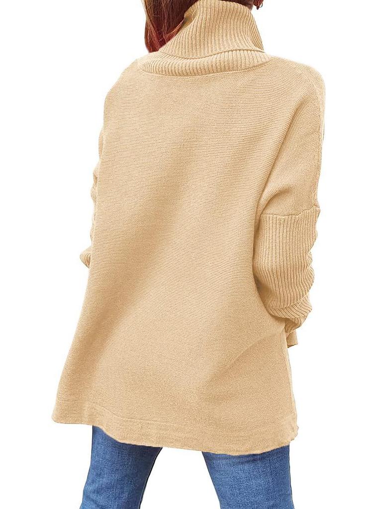 2024 Damen Hochhals Oversized Mittellanger Fledermausärmel Pullover mit Schlitzsaum und Taillengürtel