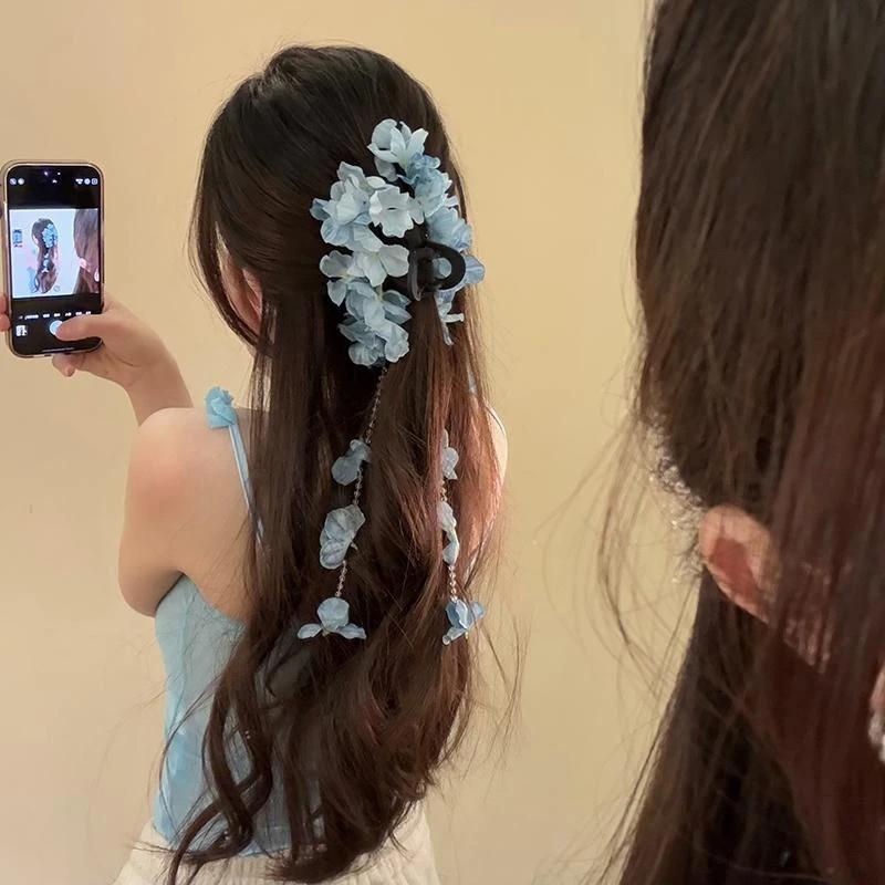 Bohemia Barrettes Hydrangea Flower Hair Claw Ponytail Clip Flower Tassel Hair Clip For Women Girls Sweet Cute Hairpin Gifts