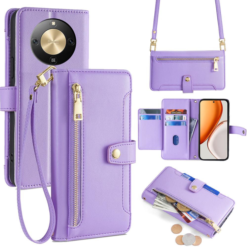 For Honor X70 5G Leather Case Zipper Pocket Wallet Phone Cover with 2 Straps