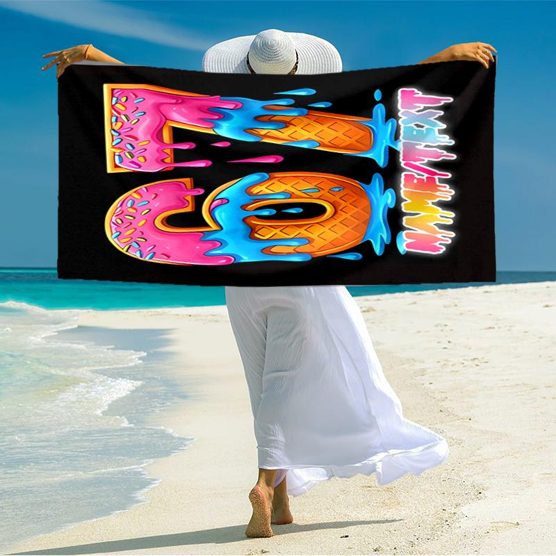 1PC Custom Name Summer Ice Cream Party Beach Towel Highly Absorbent And Sand-Resistant Towel for Swimming, Pool, Yoga, And Travel Lightweight