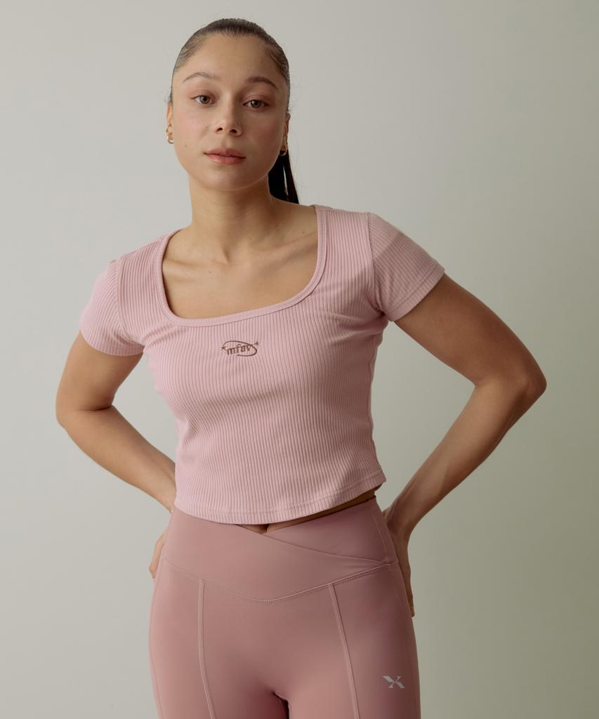 Empebeu Ribbed Deep Neck Crop Short Sleeve Pink