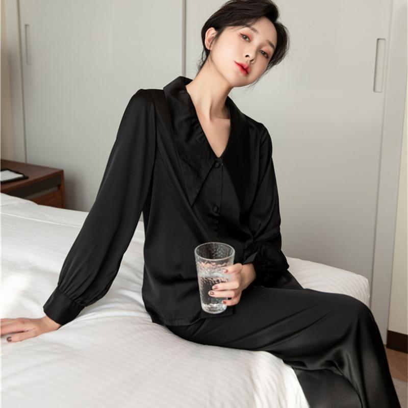 Ledový hedvábný oblek Ženy Francouzský Vintage Elegantní Pyžamo Elegantní Jednobarevné Jednoduché Kalhoty s dlouhým rukávem Podzimní Princezna Styl Domácí oblečení Dvoudílné Oblečení Elegantní