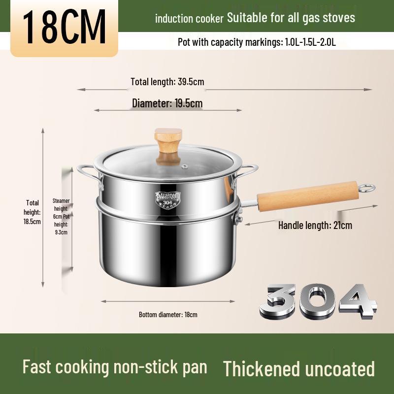 Olla de Cocina de Doble Capa de Acero Inoxidable 304 para Comida de Bebé, Cocción al Vapor, Sopa y Fideos - Sin Recubrimiento, Olla Pequeña Engrosada para Leche.