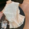 Women New Chinese Style Lace Embroidery Sleeveless Top with Frog Buttons