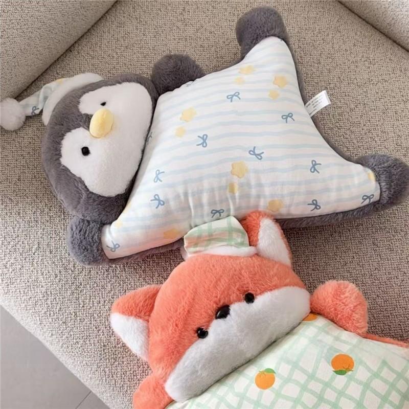 Cartoon Penguin Fox Plush Pillow With Embroidered Animal Design For Home Decor And Relaxation