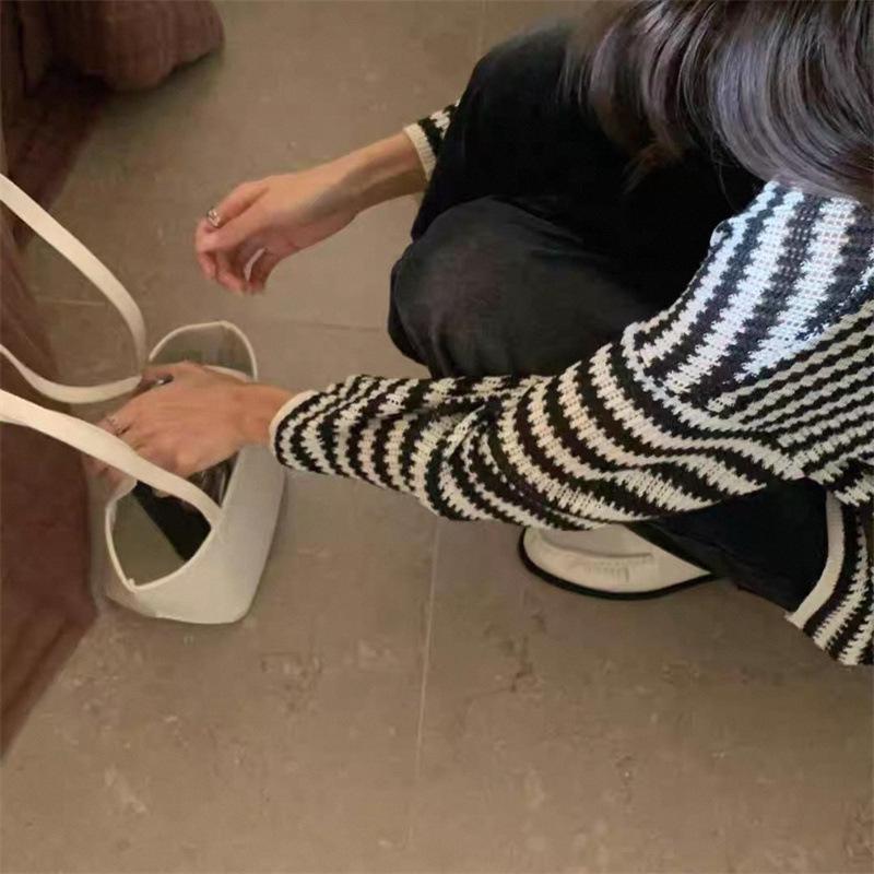 Vintage Striped Hollow-Out Long Sleeve Knitwear for Women - 2025 Autumn Loose Lazy Style Trendy Top