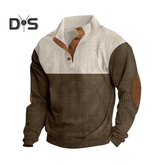 

Осень-весна Мужская толстовка с воротником-стойкой на пуговицах, цветные вставки, длинные рукава, спортивный повседневный топ M