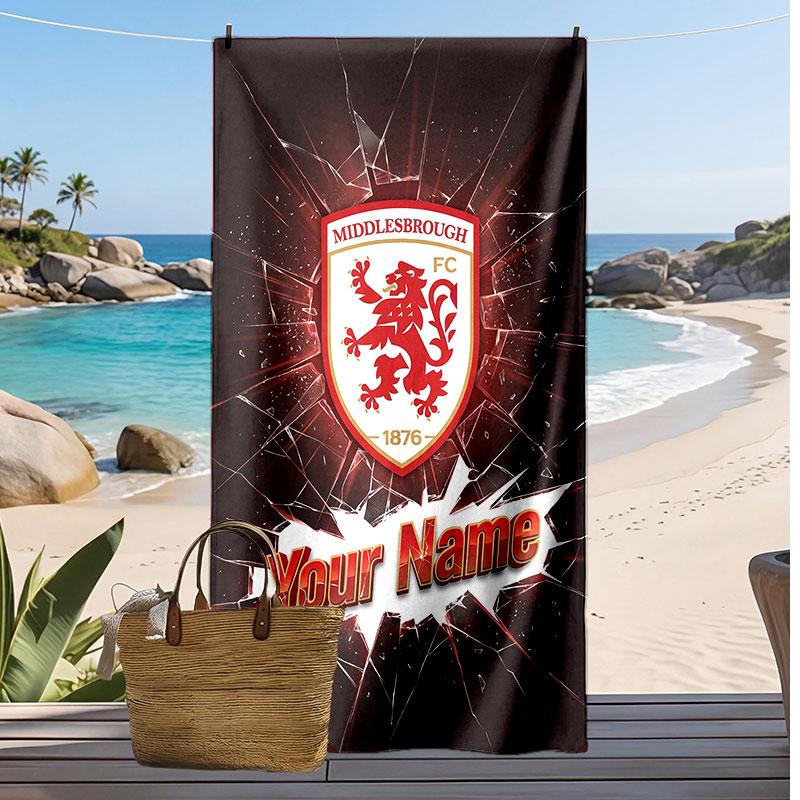 Asciugamano da Spiaggia Stampato Personalizzato Middlesbrough FC Logo Calcio Supporto Nome Personalizzato Testo Asciugamano Assorbente Per Sport Viaggio Regalo Speciale