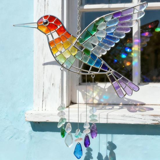 Rainbow Bird Sun Catcher Colorful Acrylic Hummingbird Suncatcher Rainbow Maker Hanging Bird Decoration for Indoor Window Garden Decor