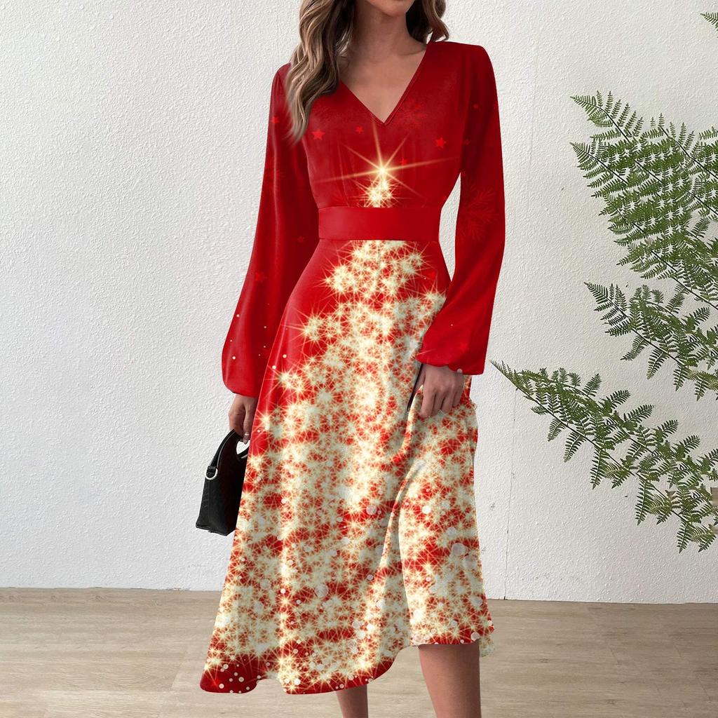 Dámská podzimní a zimní ležérní móda Vánoční dlouhé šaty s výstřihem do V a dlouhým rukávem