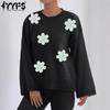 Women's Fashion Casual Fall Winter Flower Pattern Print Long Sleeve O-Neck Sweaters