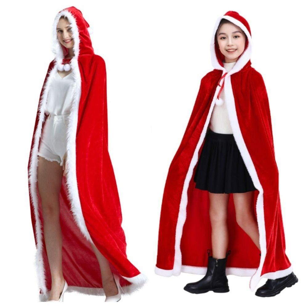 Plush Hooded Ponchos Polyester Christmas Cosplay Costume Windproof Red Xmas Cape Autumn Winter