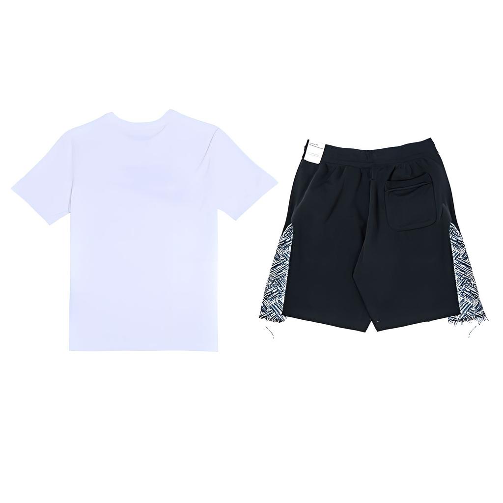 Nike Logo Rundhals-Pullover Kurzarm Patchwork Bindegürtel Mittelhohe Shorts Lässiges Sportset Herrensets AR5005-101+DX0767-010