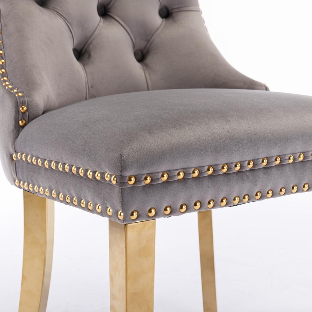 A&A Furniture, Colección Nikki Silla de Comedor Terciopelo Madera Maciza Acolchada con Patas Doradas Chapadas, Ribete de Tachuelas, Juego de 2, Gris y Dorado, DE1601GY