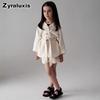 Spring/Summer Girls Cotton Linen Long Sleeve Round Collar Shirt Set + Shorts Kids 2-Piece Outfit