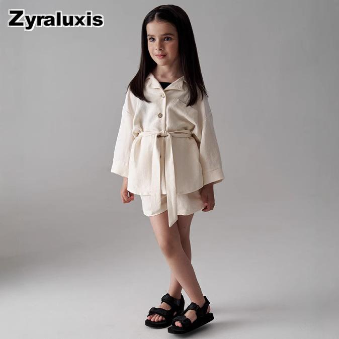 Spring/Summer Girls Cotton Linen Long Sleeve Round Collar Shirt Set + Shorts Kids 2-Piece Outfit