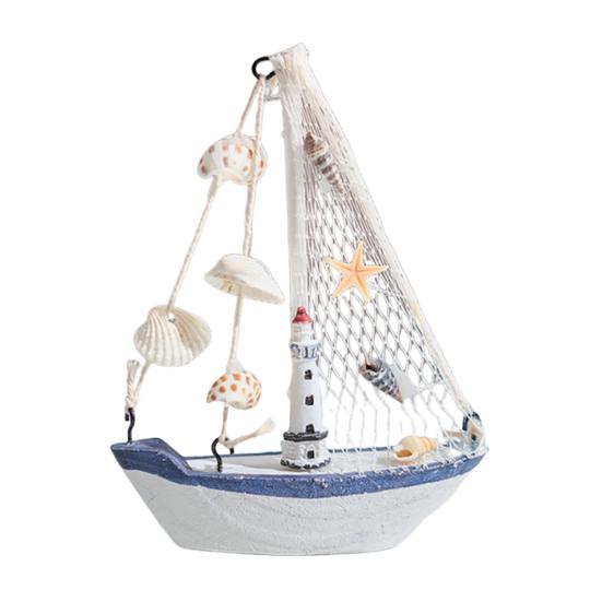 Nautical Wooden Sailboat Models Coastal Beach Style Blue White Ship Tabletop Figurine for Home Living Room Office Farmhouse Decor