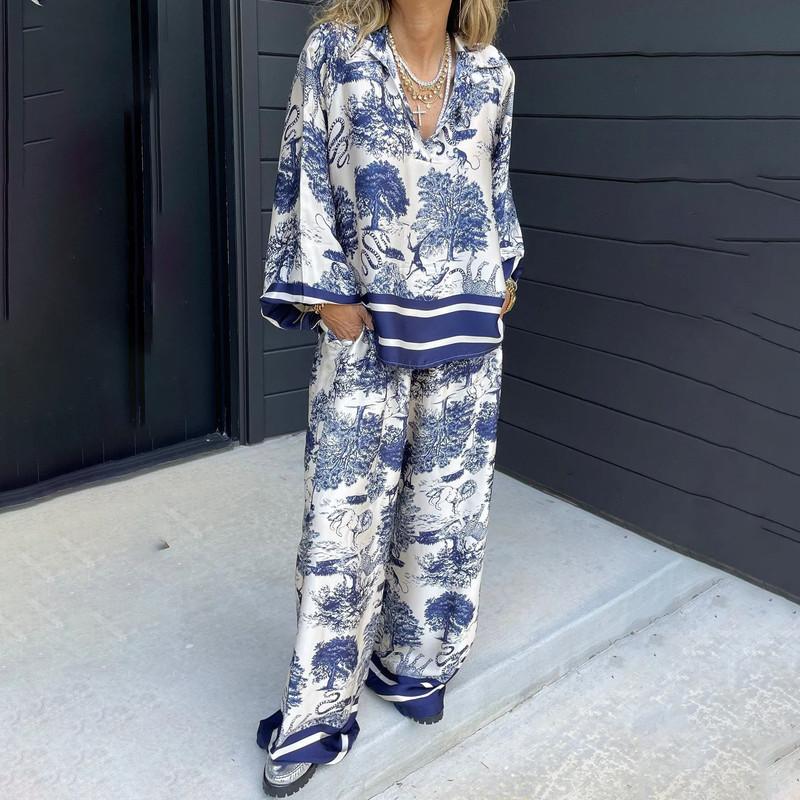 Damlångbyxor för kvinnor Fashionista V-ringad Tryckt Långärmad Ficka Casual Dam Casual Kostym