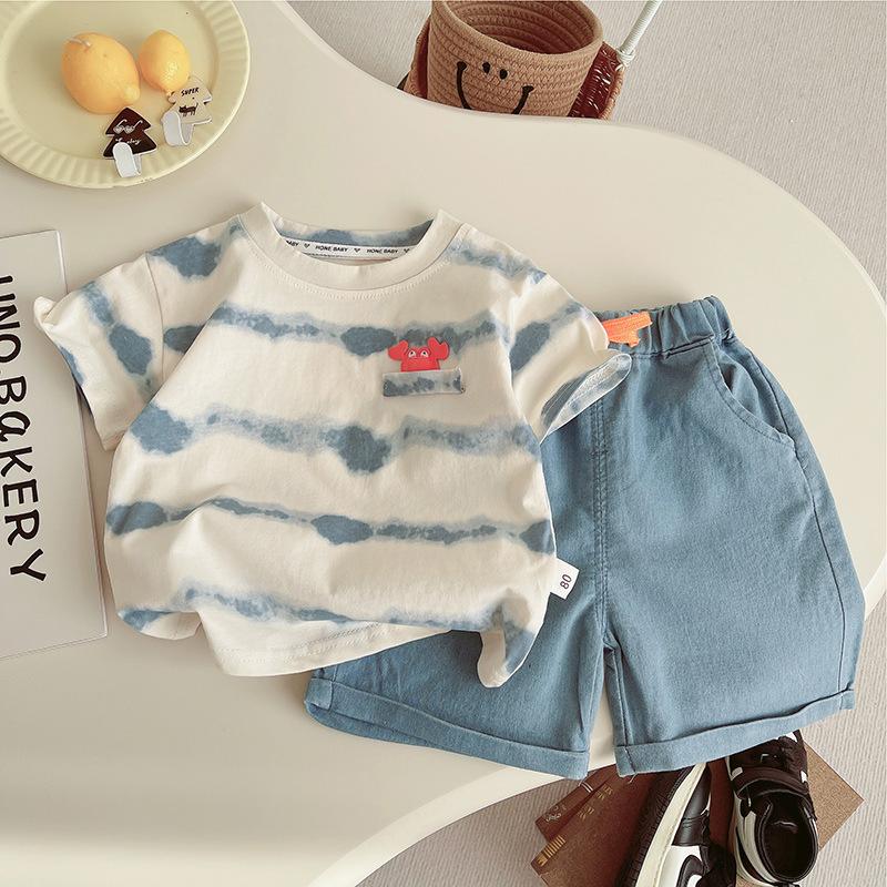 Children's Summer Short Sleeved Set with Korean Striped Printed T-shirt and Soft Denim Shorts Summer Two-piece Set