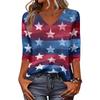 Women's Fashionable Casual Independence Day American Flag and Stars Print V-Neck Three-Quarter Sleeve T-Shirt Top
