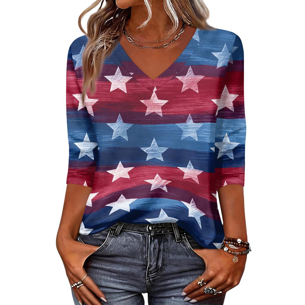 Women's Fashionable Casual Independence Day American Flag and Stars Print V-Neck Three-Quarter Sleeve T-Shirt Top