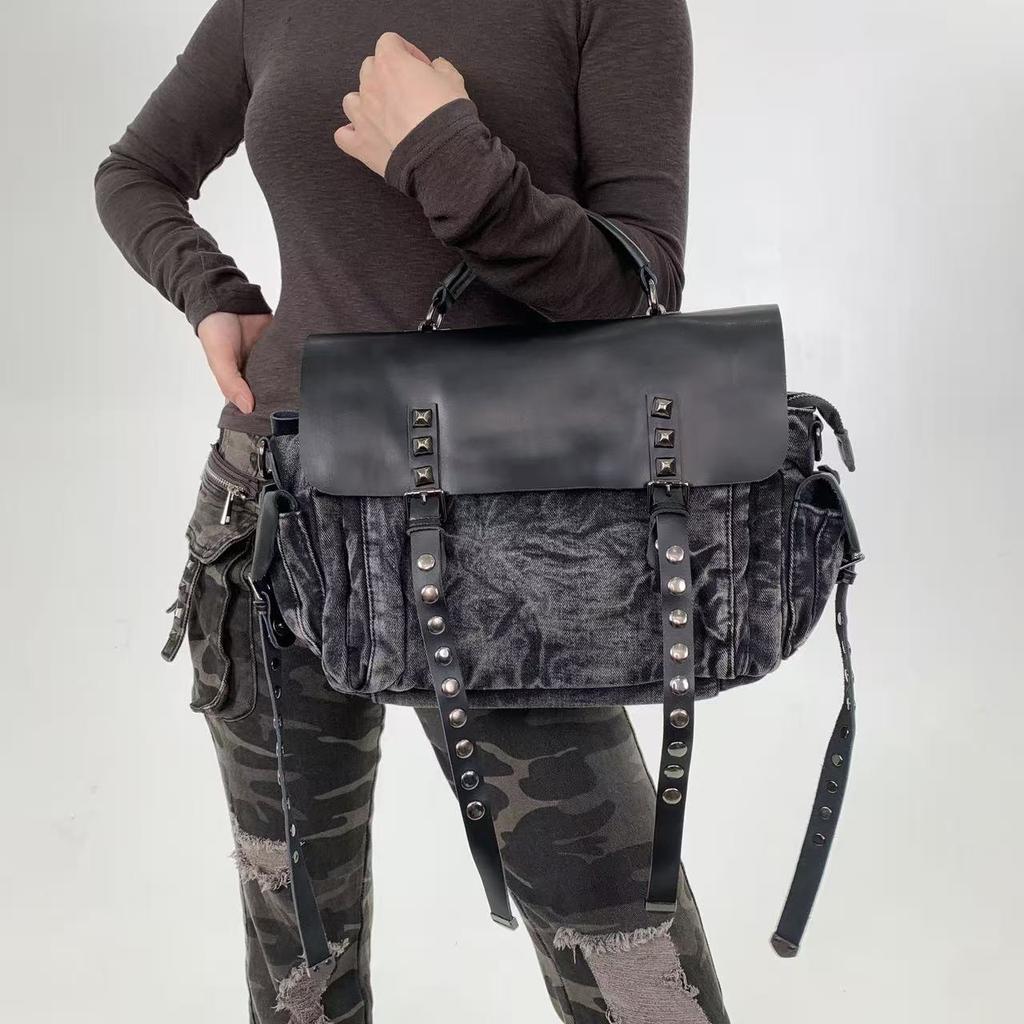 Ladies Vintage Denim Splicing Tote Bag Rivet Long Shoulder Strap Tassel Crossbody Bag