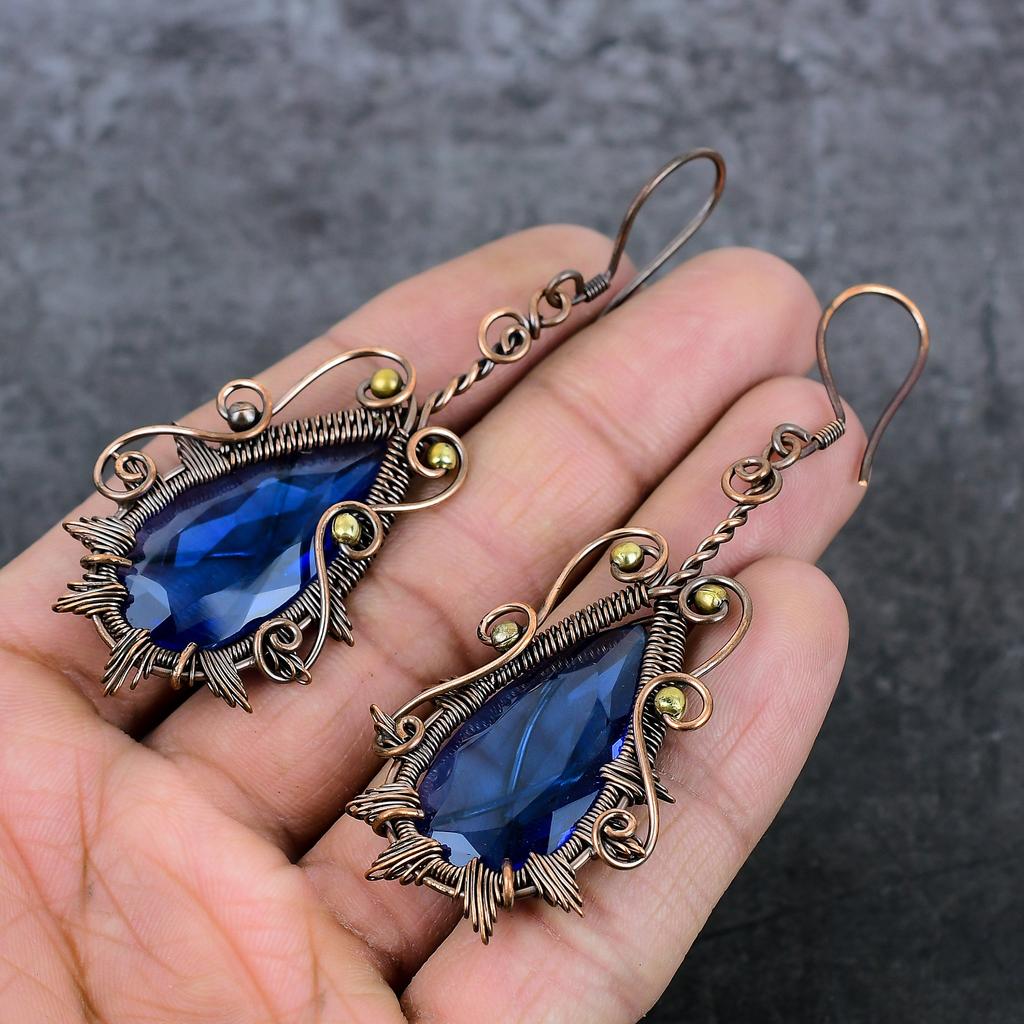 Blautopas Handgefertigter Kupferdraht Wickel Schmuck Ohrring 3,39" O2A05