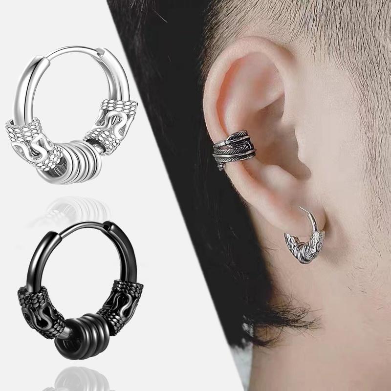 1Pair Punk Stainless Steel Round Circle Totem Hoop Earrings for Men Women Not Fade Ear Rings Hip Hop Male Jewelry Gift