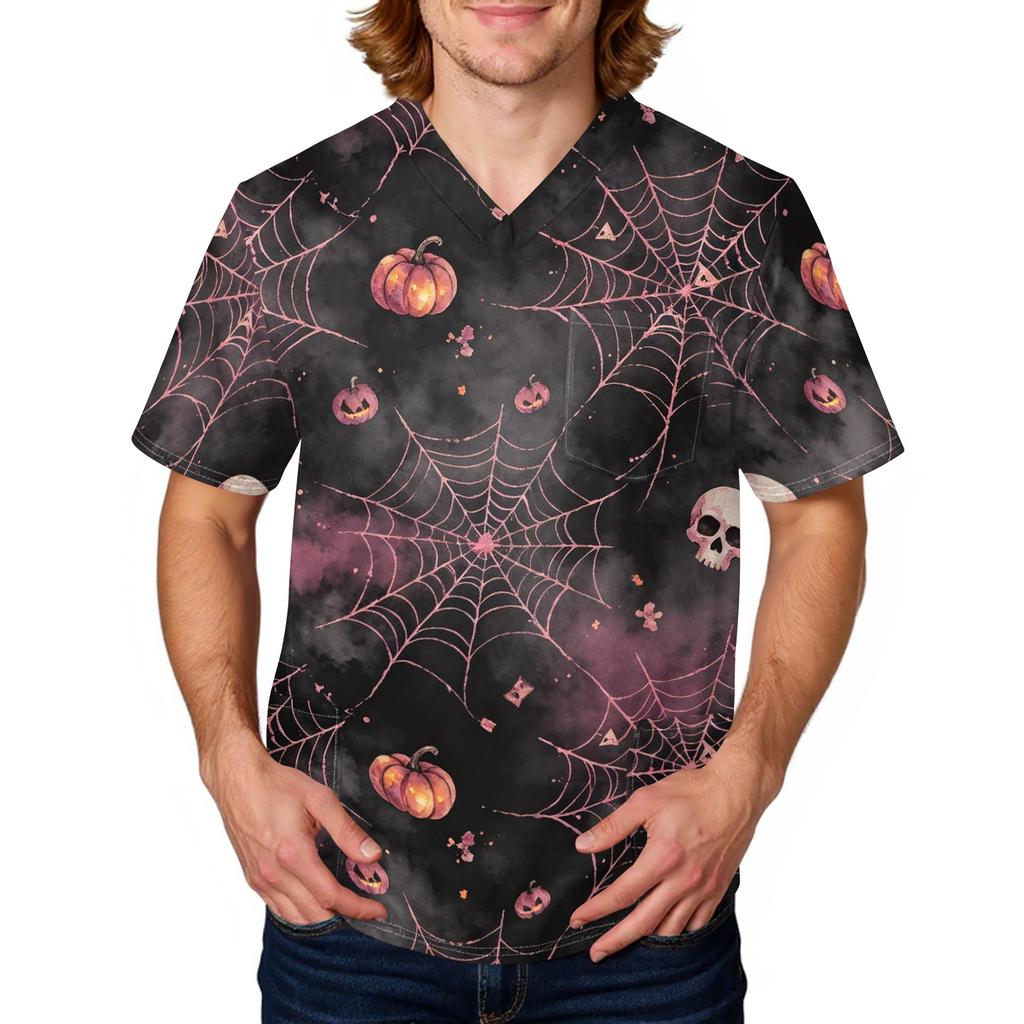 Men's Halloween Print Medical Scrub Top V Neck Tie Pocket Comfortable Fit Workwear for Healthcare Professionals Daily Use