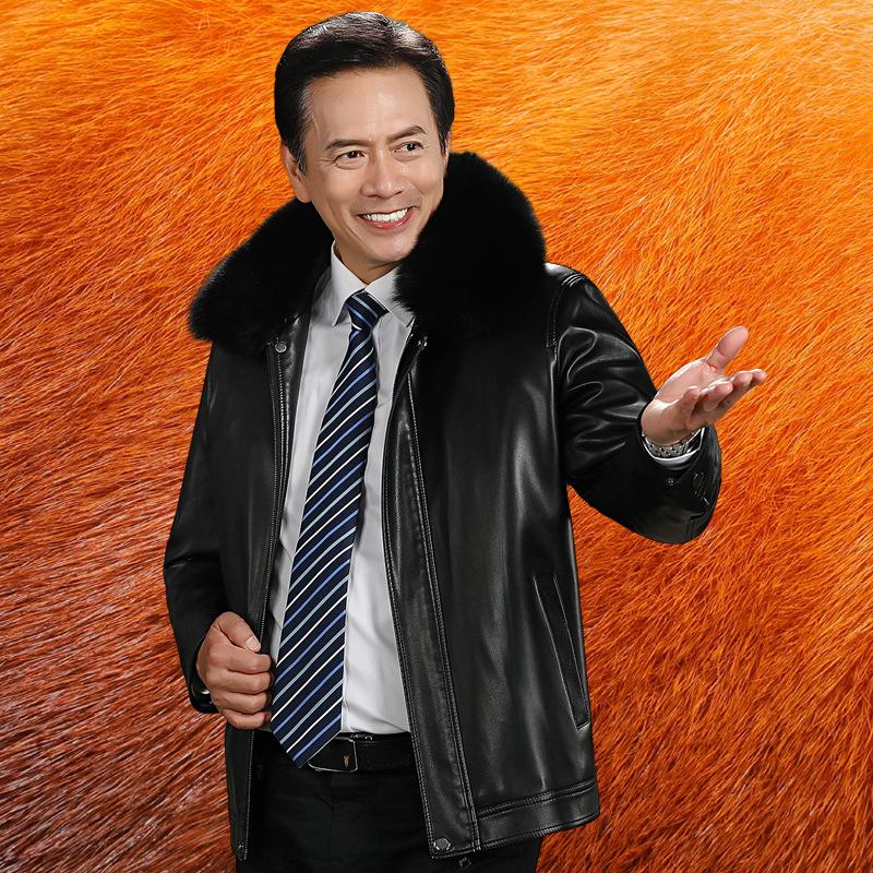 

Зимняя кожаная куртка мужская с большим меховым воротником и съемной флисовой подкладкой, флисовая куртка из овчины для людей среднего и пожилого возраста 170