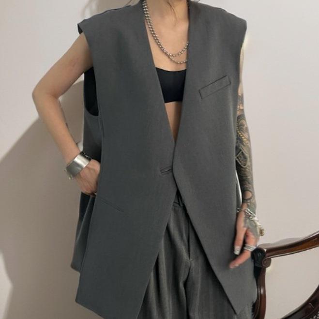 Dámská dlouhá vesta bez rukávů v korejském stylu – Letní móda, Volný střih, Bez límce
