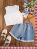 Two-piece girls' outdoor casual vacation set: sleeveless cropped tank top with butterfly design and comfortable, simple lace denim shorts.