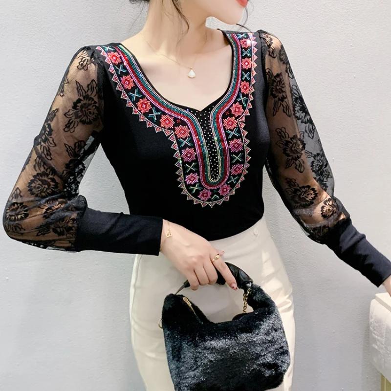 Spring Autumn European Clothes Women's T-Shirt Sexy Lace Long Sleeve Mesh Tops Chic Vintage Luxury Hot Diamonds Tees Shirts
