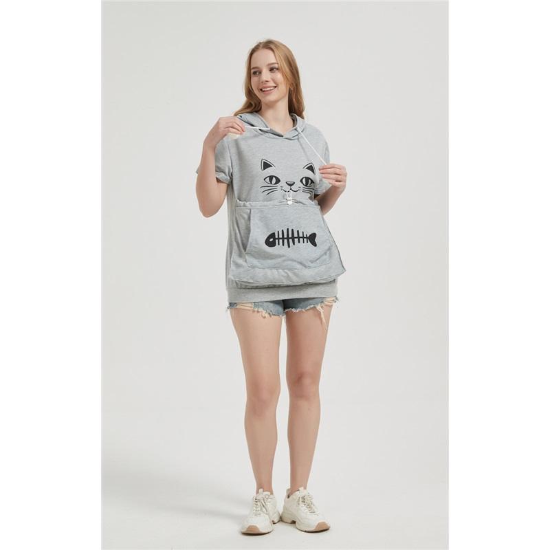 Women's summer cat face fish bone print loose large pocket short-sleeved hooded T-shirt